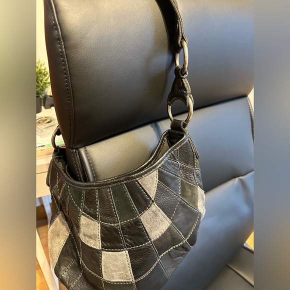 Vintage Lucky brand black and grey leather and suede patchwork hobo. - Picture 2 of 6
